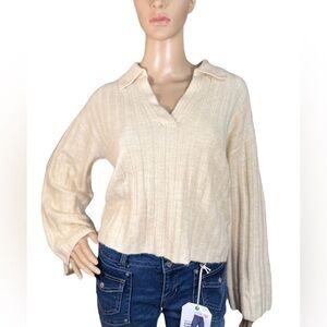 NEW BILLABONG Flip Out Ribbed Cropped V-Neck Sweater large Beige NWT